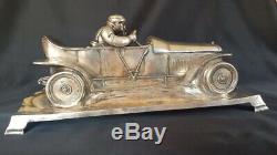 German 1920s Art Deco Art Nouveau Metal Racing Car Statue By WMF Silver Plated