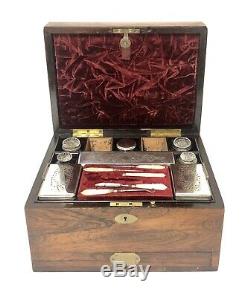 Good Antique Victorian Rosewood Fitted Ladies Vanity Jewellery Box Silver Plated