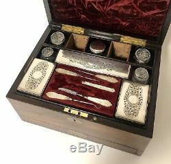 Good Antique Victorian Rosewood Fitted Ladies Vanity Jewellery Box Silver Plated