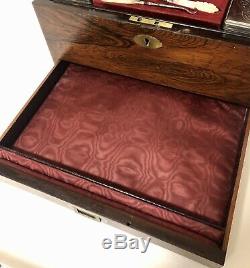 Good Antique Victorian Rosewood Fitted Ladies Vanity Jewellery Box Silver Plated