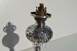 Gorgeous Antique Victorian Era Silver Plated Oil/ Kerosene Lamp Flowers