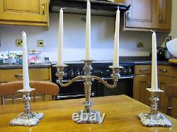 GreatOld Pair Regency Style Silver Plate Candlesticks & Triple Branch Candelabra