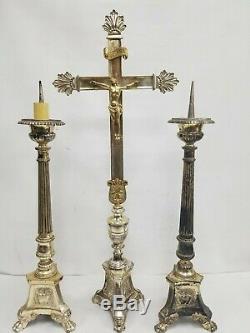 Great Silver Plated Set Religious Altar Church Candlesticks Candelabra Crucifix