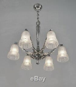 HETTIER & VINCENT 1930 french art deco chandelier in nickel plated bronze