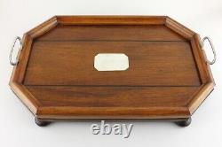 Handsome Antique English Oak Tray With Silver Plate. Cocktail Drinks Bar Tray