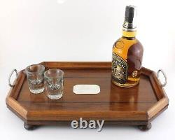 Handsome Antique English Oak Tray With Silver Plate. Cocktail Drinks Bar Tray