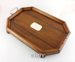 Handsome Antique English Oak Tray With Silver Plate. Cocktail Drinks Bar Tray