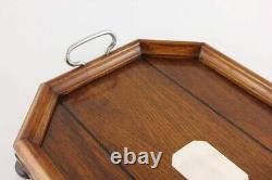 Handsome Antique English Oak Tray With Silver Plate. Cocktail Drinks Bar Tray