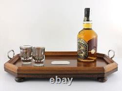 Handsome Antique English Oak Tray With Silver Plate. Cocktail Drinks Bar Tray