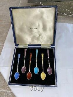 Harrods Vintage Miniature Spoons Set T&S Hallmarked Coloured Enamel Original Box