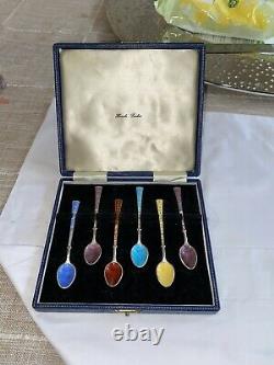 Harrods Vintage Miniature Spoons Set T&S Hallmarked Coloured Enamel Original Box