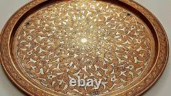 Heavy 2.840kg Islamic Art Handmade Engraved Real Silver Inlaid 45cm Copper Tray
