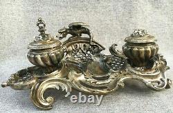 Heavy antique french Napoleon III inkwell 19th century silver plated bronze 4lb