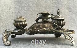 Heavy antique french Napoleon III inkwell 19th century silver plated bronze 4lb