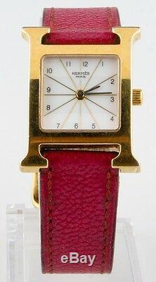 Hermès Heure H Women's Gold-Plated Quartz Watch with Original Pink Leather Band