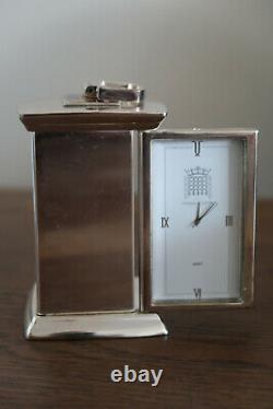 House Of Lords Carriage Clock Polished Silver Plate White & Grey Vintage Classic