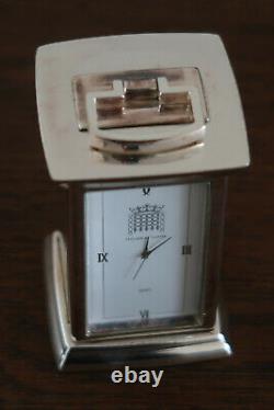 House Of Lords Carriage Clock Polished Silver Plate White & Grey Vintage Classic