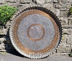 Huge 38 Antique Persian Ghalamzani Silvered Copper Tray Wall Hanging Signed