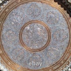 Huge 38 Antique Persian Ghalamzani Silvered Copper Tray Wall Hanging Signed
