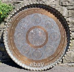 Huge 38 Antique Persian Ghalamzani Silvered Copper Tray Wall Hanging Signed