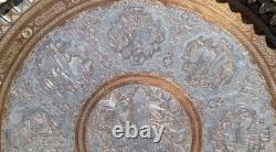Huge 38 Antique Persian Ghalamzani Silvered Copper Tray Wall Hanging Signed