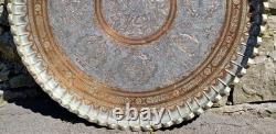Huge 38 Antique Persian Ghalamzani Silvered Copper Tray Wall Hanging Signed