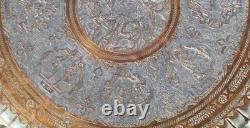 Huge 38 Antique Persian Ghalamzani Silvered Copper Tray Wall Hanging Signed