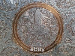 Huge 38 Antique Persian Ghalamzani Silvered Copper Tray Wall Hanging Signed