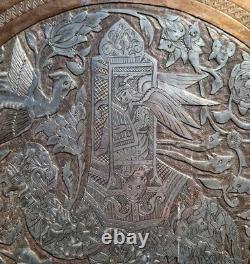 Huge 38 Antique Persian Ghalamzani Silvered Copper Tray Wall Hanging Signed