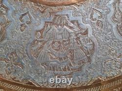 Huge 38 Antique Persian Ghalamzani Silvered Copper Tray Wall Hanging Signed