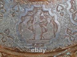 Huge 38 Antique Persian Ghalamzani Silvered Copper Tray Wall Hanging Signed