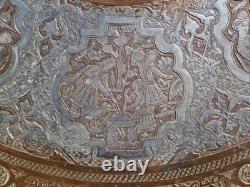 Huge 38 Antique Persian Ghalamzani Silvered Copper Tray Wall Hanging Signed
