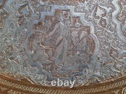Huge 38 Antique Persian Ghalamzani Silvered Copper Tray Wall Hanging Signed