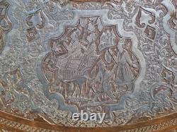 Huge 38 Antique Persian Ghalamzani Silvered Copper Tray Wall Hanging Signed