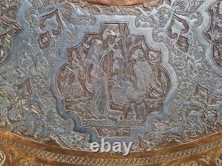 Huge 38 Antique Persian Ghalamzani Silvered Copper Tray Wall Hanging Signed