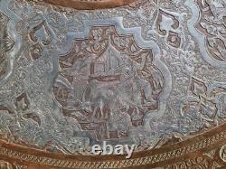 Huge 38 Antique Persian Ghalamzani Silvered Copper Tray Wall Hanging Signed