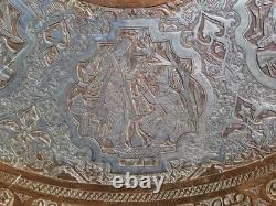 Huge 38 Antique Persian Ghalamzani Silvered Copper Tray Wall Hanging Signed