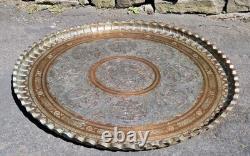 Huge 38 Antique Persian Ghalamzani Silvered Copper Tray Wall Hanging Signed