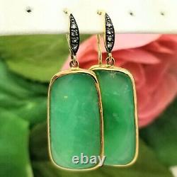 Indian Silver Gold Plated Long Rectangle Chrysoprase Diamond Dangle Earrings