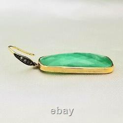 Indian Silver Gold Plated Long Rectangle Chrysoprase Diamond Dangle Earrings