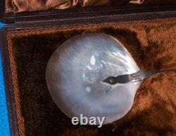 JAMES DIXON SILVER PLATED CAVIAR SERVING SPOONS in ORIGINAL FITTED CASE c1891 GC