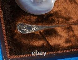 JAMES DIXON SILVER PLATED CAVIAR SERVING SPOONS in ORIGINAL FITTED CASE c1891 GC