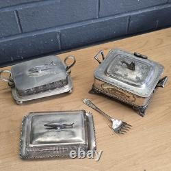 Job Lot 3 Vintage Silver Plated Glass Sardine Dishes & EP Fish Serving Fork Job Lot 3 Vintage Silver Plated Glass Sardine Dishes & EP Fish Serving Fork