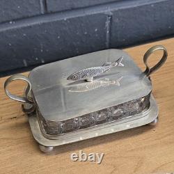 Job Lot 3 Vintage Silver Plated Glass Sardine Dishes & EP Fish Serving Fork