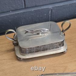 Job Lot 3 Vintage Silver Plated Glass Sardine Dishes & EP Fish Serving Fork
