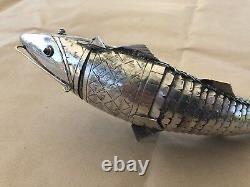 Judaica Large Besamim Silver Plated Fish Garnet Eyes Spicebox 35.5 cm 465 Grams