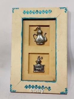 Judaica Painting Vintage Plated Silver Teapot Coffee Grinder Display Frame Wood