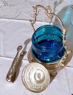 Jugendstil1901 Silver Plated Aqua Blue Buiscuit Barrel With Tongs Wmf I/0