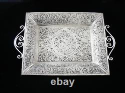 Kanmnagar Silver Filagree Two Handled Tray in Original Case, 20th Century Indian