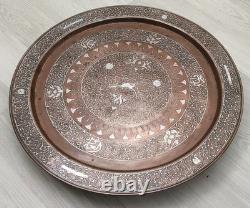 LARGE ISLAMIC COPPER & SILVER DAMASCENE INLAY TRAY c1900 27.4 Inches